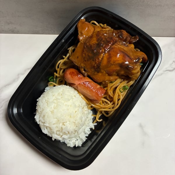 Bento with rice, noodles, half a hot dog, and baked shoyu chicken